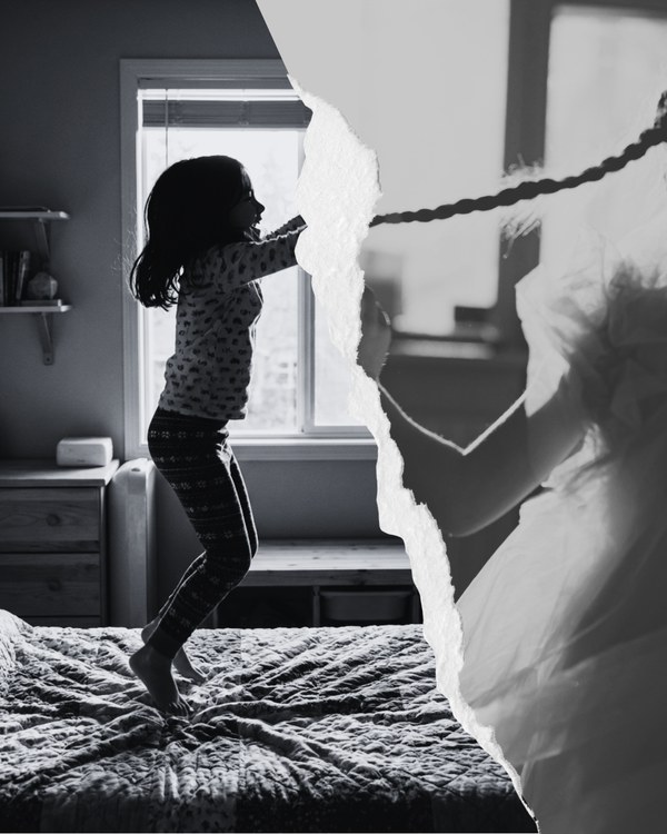 Black and white photo collage for Ava: a young girl jumping on a bed by a window