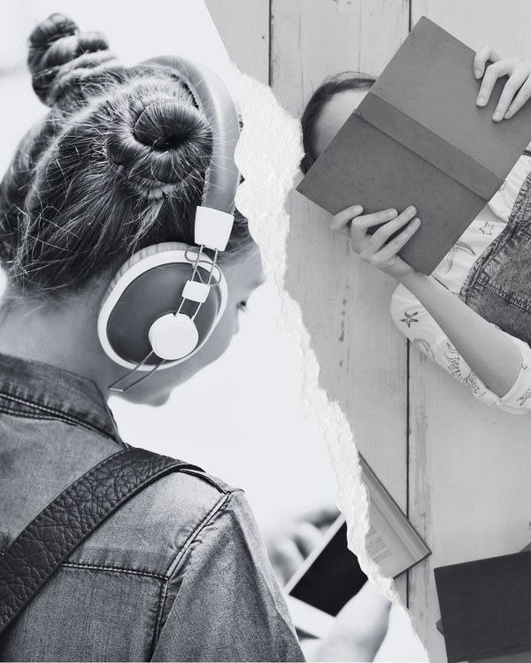 Black and white photo collage for Heather: a teenager in headphones with a backpack and books