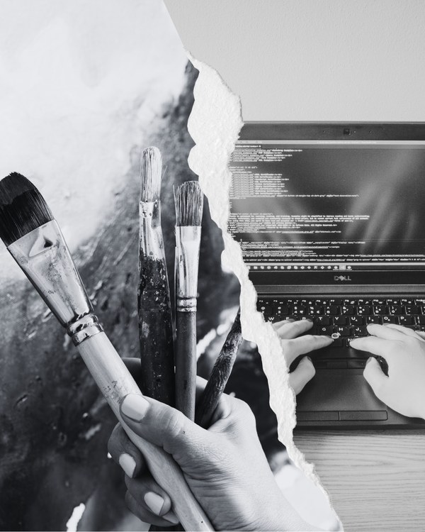 Black and white photo collage for Sam: a hand holding paintbrushes beside a laptop keyboard