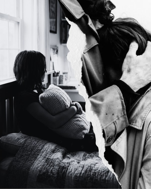 Black and white photo collage for Sophie: a child held close, and a school backpack