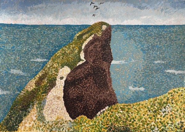 Pointillist painting of a headland above the sea, in the manner of Seurat