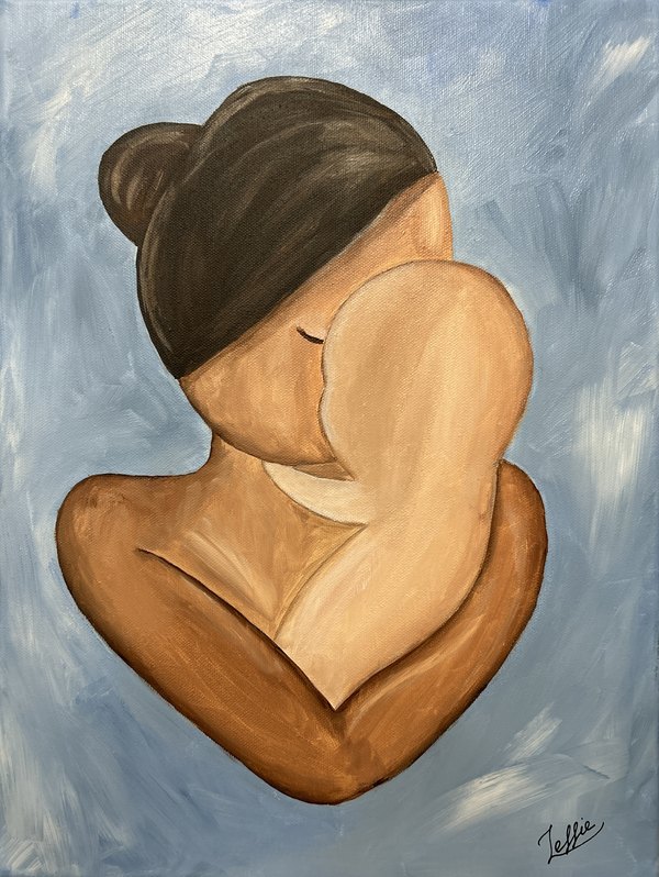 Painting of a woman with her hair in a bun, curled into an embrace, on a pale blue ground