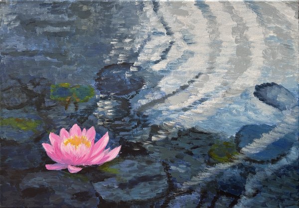 Painting of a pink water lily on a dark pond with spreading ripples